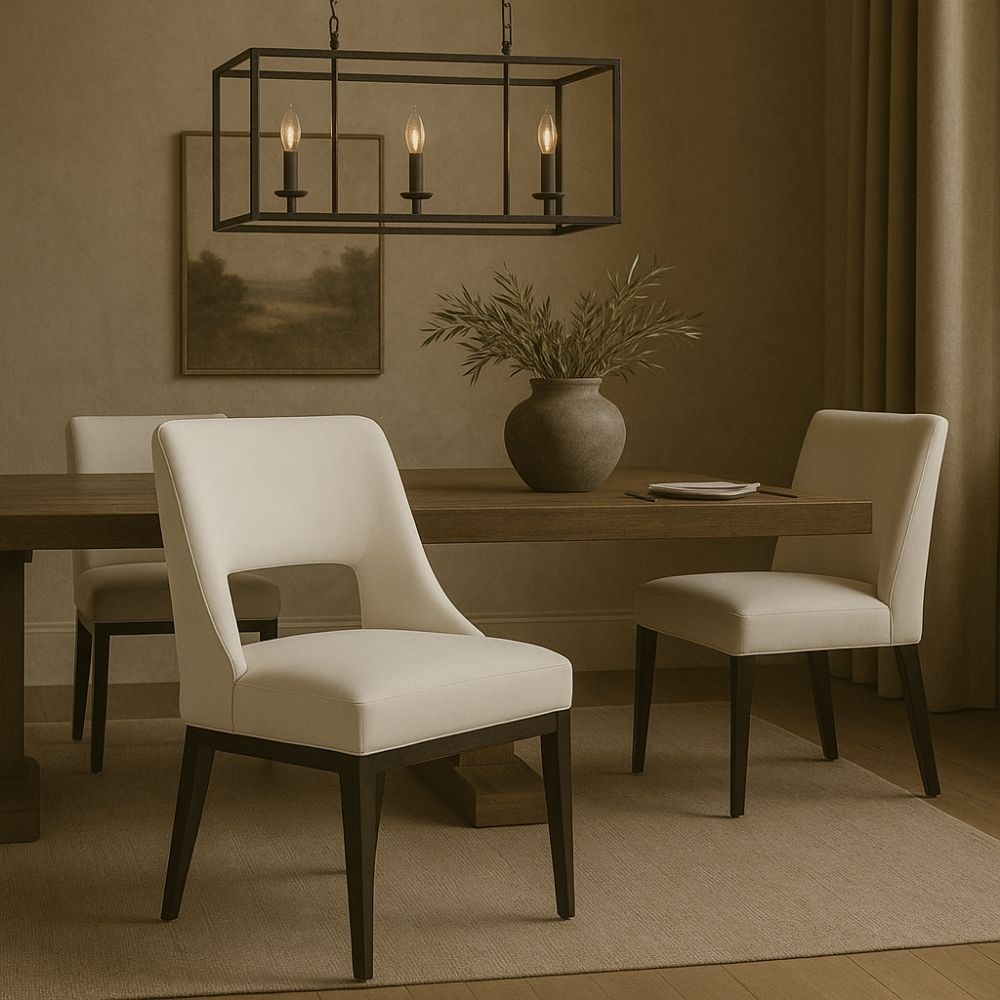 Barilla Dining Chair featuring an off-white upholstered seat with a sleek cut-out backrest and dark wooden legs.
