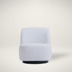 Minimalist white boucle swivel chair with soft curves and black base.
