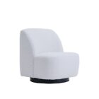 Minimalist white boucle swivel chair with soft curves and black base.