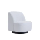 Minimalist white boucle swivel chair with soft curves and black base.