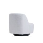 Minimalist white boucle swivel chair with soft curves and black base.