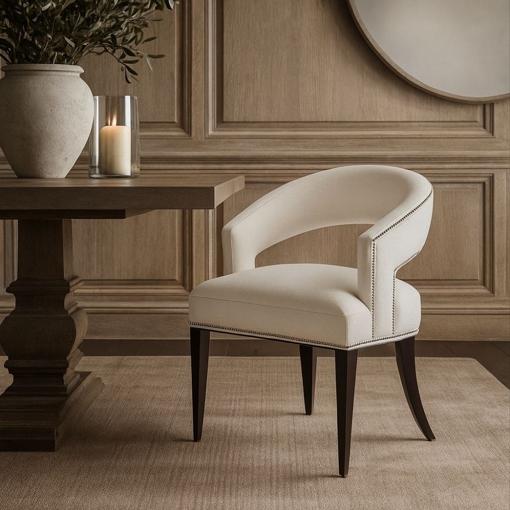 Charles Dining Chair, upholstered in a soft white velvet fabric with a curved backrest, nailhead trim, and tapered dark wood legs.