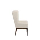 A high-back, upholstered dining chair with wingback arms, straight profile, and a dark wood leg frame.