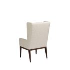 A high-back, upholstered dining chair with wingback arms, straight profile, and a dark wood leg frame.