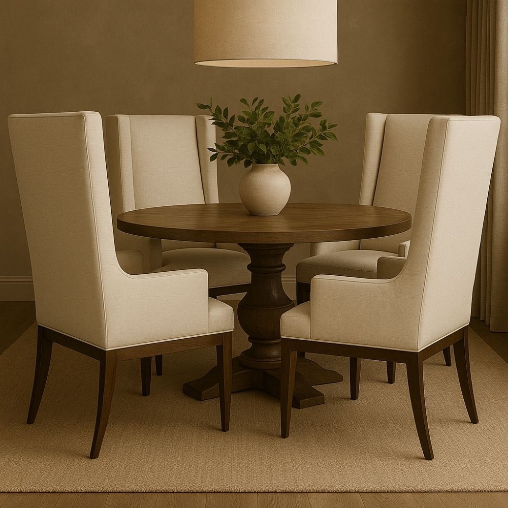 A high-back, upholstered dining chair with wingback arms, straight profile, and a dark wood leg frame.