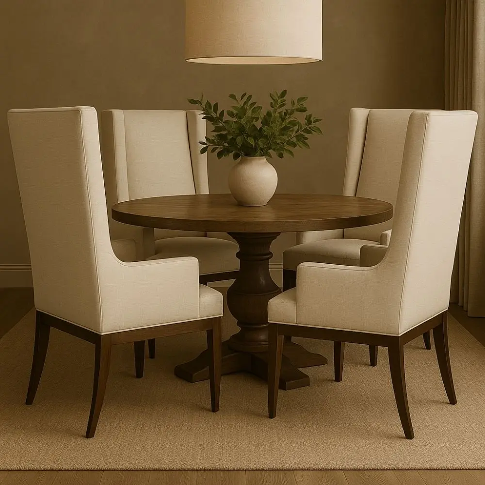 A high-back, upholstered dining chair with wingback arms, straight profile, and a dark wood leg frame.