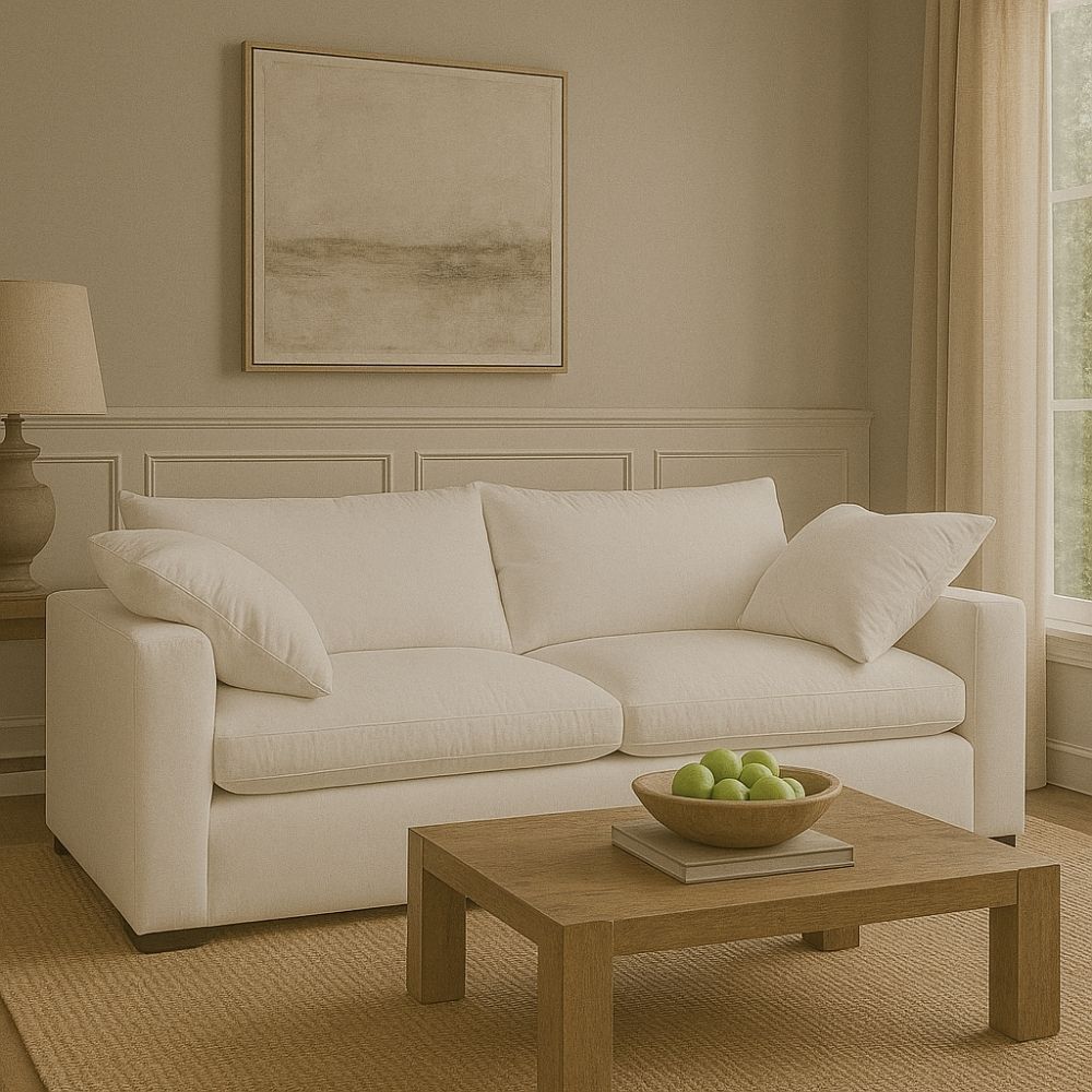 Plush white two-seat sofa with deep cushions, oversized arms, and a minimalist silhouette.
