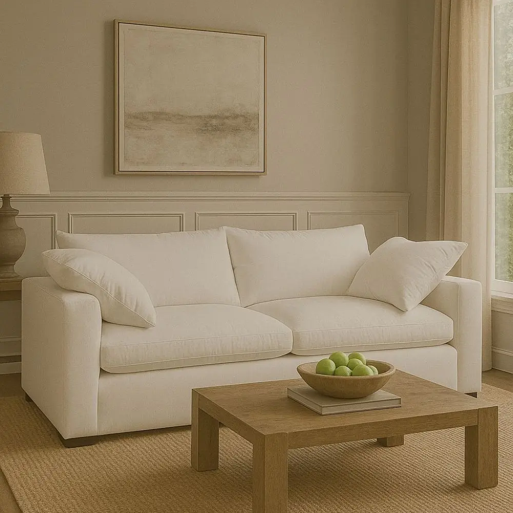 Plush white two-seat sofa with deep cushions, oversized arms, and a minimalist silhouette.
