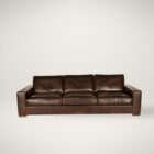 Rich brown leather three-seat sofa with wide arms, low profile, and deep plush cushions.