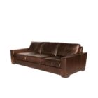 Rich brown leather three-seat sofa with wide arms, low profile, and deep plush cushions.
