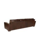 Rich brown leather three-seat sofa with wide arms, low profile, and deep plush cushions.