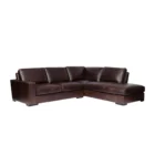 Rich brown leather three-seat sofa with wide arms, low profile, and deep plush cushions.