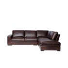 Rich brown leather three-seat sofa with wide arms, low profile, and deep plush cushions.