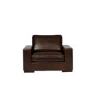 Rich brown leather three-seat sofa with wide arms, low profile, and deep plush cushions.