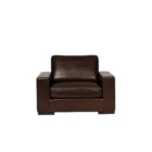 Rich brown leather three-seat sofa with wide arms, low profile, and deep plush cushions.