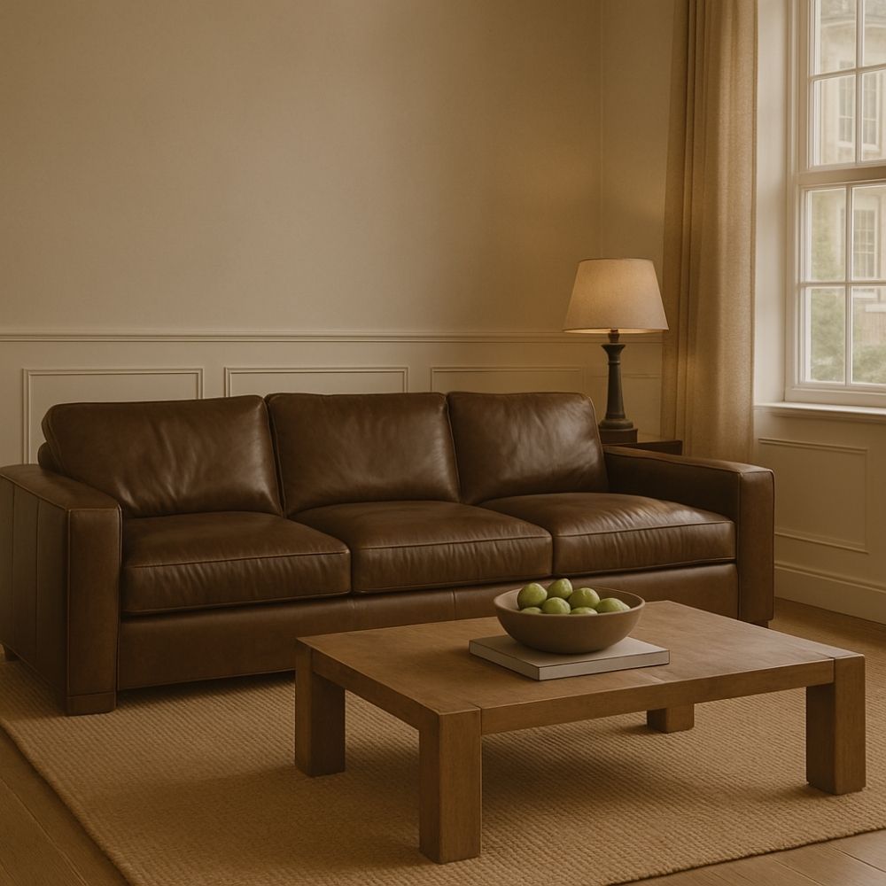 Rich brown leather three-seat sofa with wide arms, low profile, and deep plush cushions.