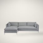 Modern grey sectional sofa with low back, slim arms, and metal tapered legs featuring a left-facing chaise
