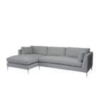 Modern grey sectional sofa with low back, slim arms, and metal tapered legs featuring a left-facing chaise
