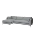Modern grey sectional sofa with low back, slim arms, and metal tapered legs featuring a left-facing chaise