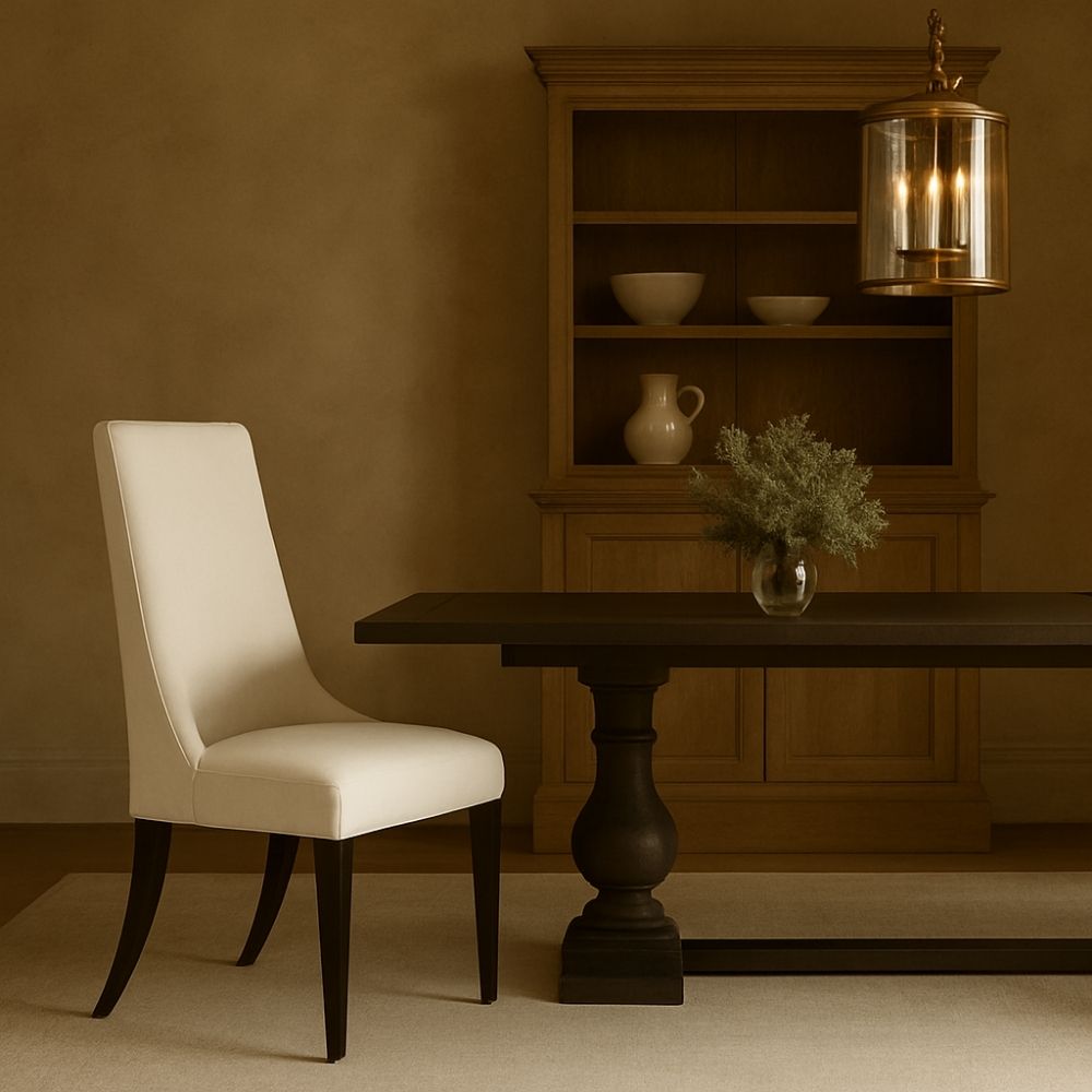 Rosen Dining Chair, featuring a high back, softly curved silhouette, and dark tapered legs with a smooth, ivory-toned upholstered seat.