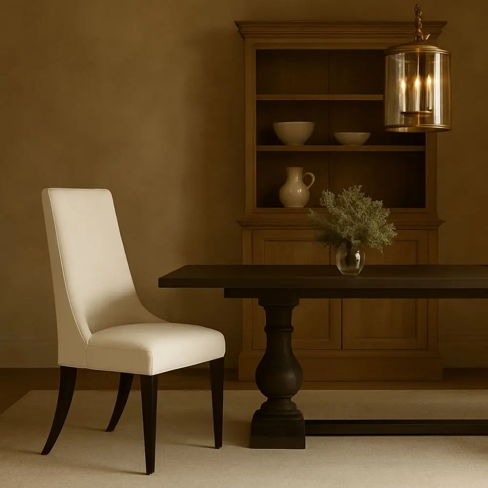 Rosen Dining Chair, featuring a high back, softly curved silhouette, and dark tapered legs with a smooth, ivory-toned upholstered seat.