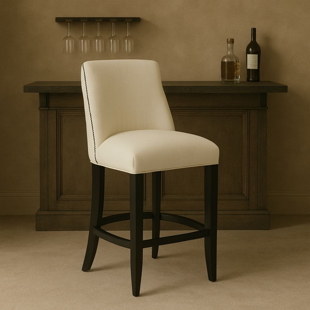 Stool in Cream Fabric with Black Wood Legs, Highlighting Nailhead Trim.