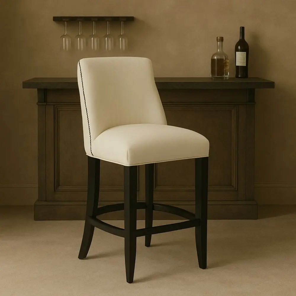 Stool in Cream Fabric with Black Wood Legs, Highlighting Nailhead Trim.