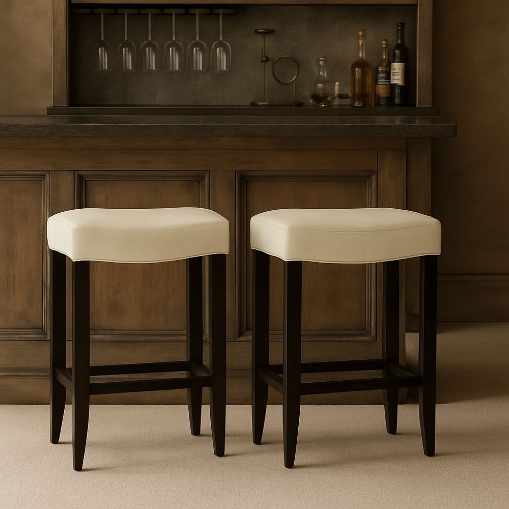 A backless upholstered saddle stool with cream fabric seat, dark espresso wood frame, and footrest support.