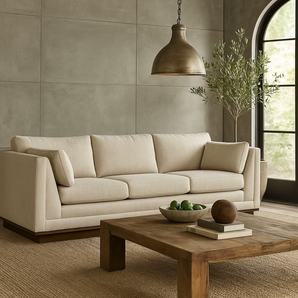 Contemporary cream-colored sofa with structured arms, three back cushions, and a recessed wood base.