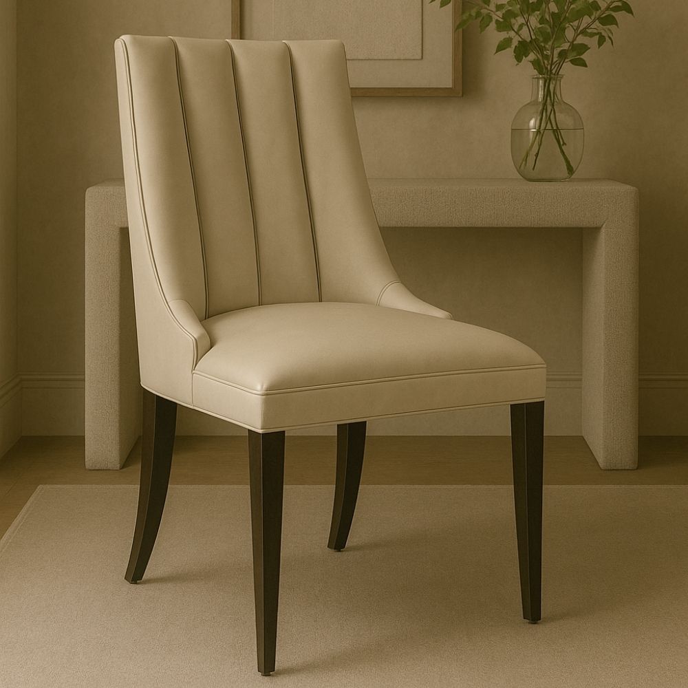 rinity Dining Chair, featuring a vertically channeled backrest, smooth cream upholstery, and tapered dark wood legs.