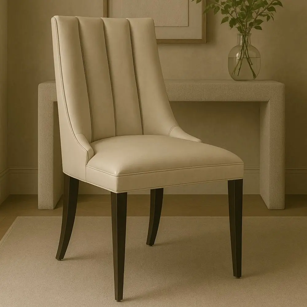 rinity Dining Chair, featuring a vertically channeled backrest, smooth cream upholstery, and tapered dark wood legs.