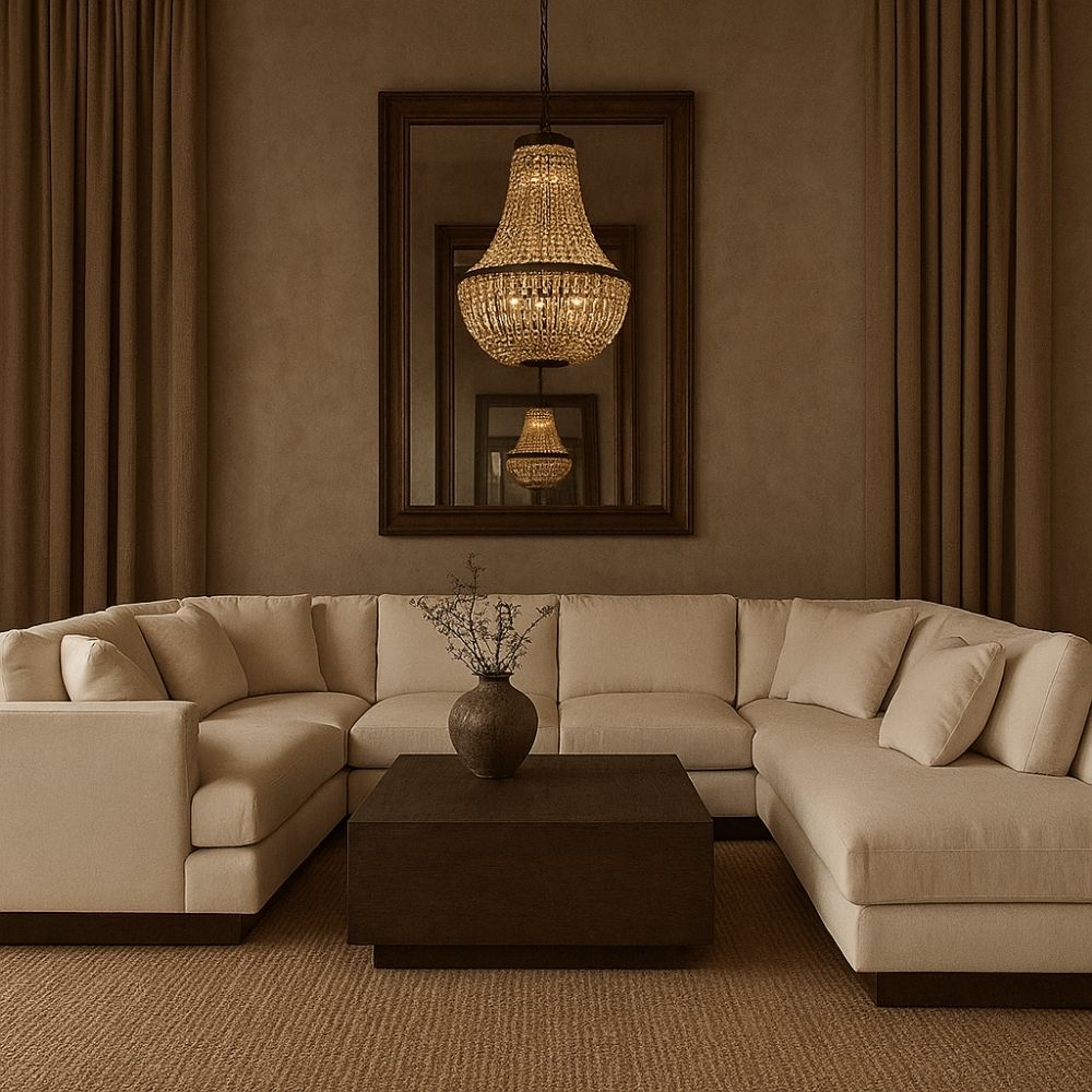 Modern beige sectional sofa with deep seating, clean lines, and a recessed dark wood base.