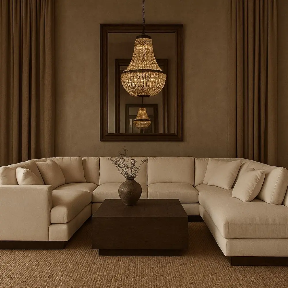 Modern beige sectional sofa with deep seating, clean lines, and a recessed dark wood base.