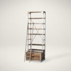 Tall industrial-style shelving unit with metal frame, wood shelves, integrated bottom drawers, and a leaning metal ladder.