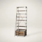 Tall industrial-style shelving unit with metal frame, wood shelves, integrated bottom drawers, and a leaning metal ladder.