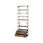 Tall industrial-style shelving unit with metal frame, wood shelves, integrated bottom drawers, and a leaning metal ladder.