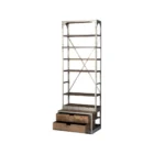 Tall industrial-style shelving unit with metal frame, wood shelves, integrated bottom drawers, and a leaning metal ladder.