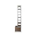 Tall industrial-style shelving unit with metal frame, wood shelves, integrated bottom drawers, and a leaning metal ladder.
