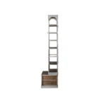 Tall industrial-style shelving unit with metal frame, wood shelves, integrated bottom drawers, and a leaning metal ladder.