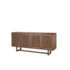 Medium brown wooden sideboard with four panel doors featuring woven cane fronts and a sleek base frame.