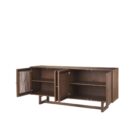 Medium brown wooden sideboard with four panel doors featuring woven cane fronts and a sleek base frame.
