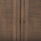 Medium brown wooden sideboard with four panel doors featuring woven cane fronts and a sleek base frame.