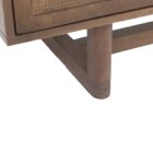 Medium brown wooden sideboard with four panel doors featuring woven cane fronts and a sleek base frame.
