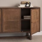 Medium brown wooden sideboard with four panel doors featuring woven cane fronts and a sleek base frame.
