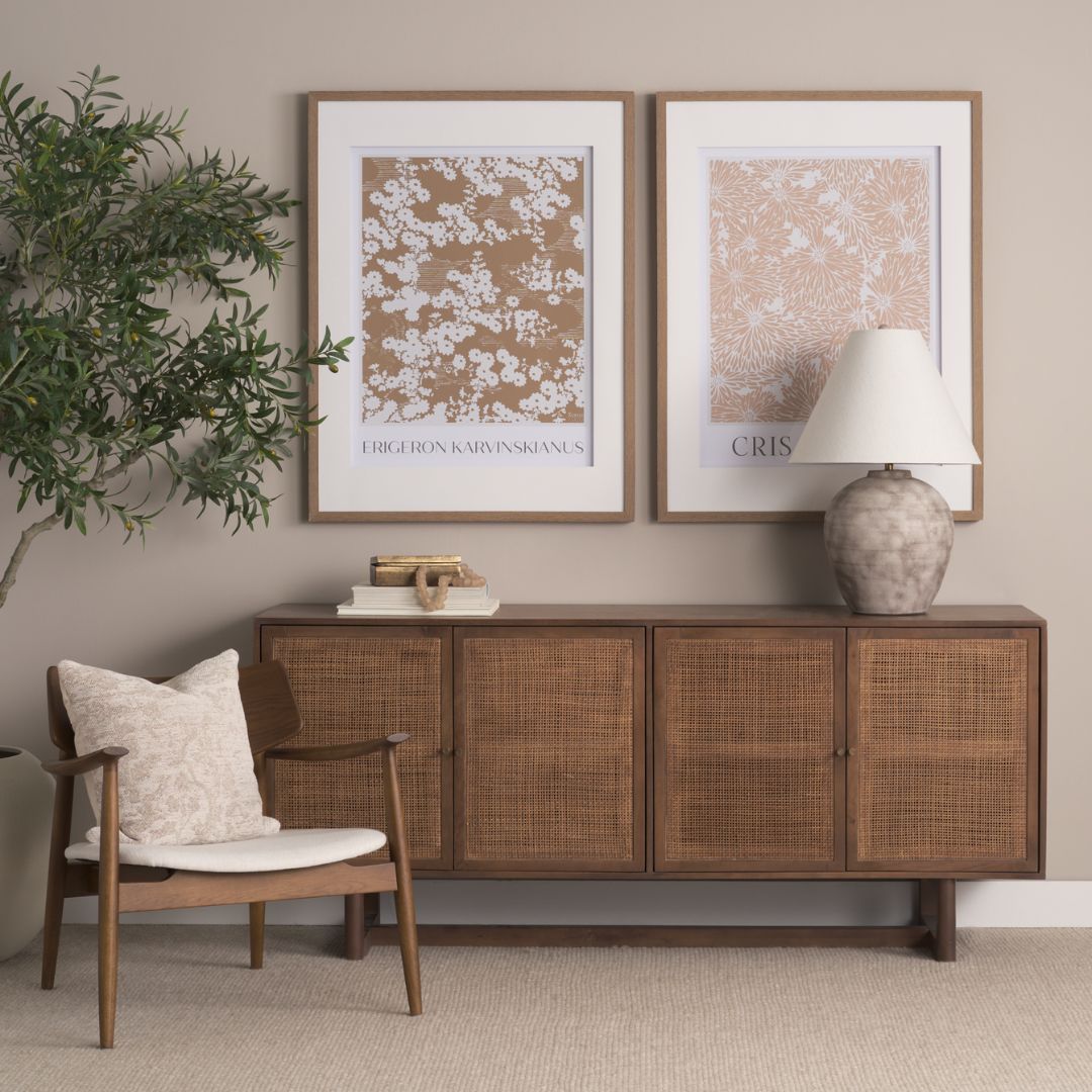Medium brown wooden sideboard with four panel doors featuring woven cane fronts and a sleek base frame.