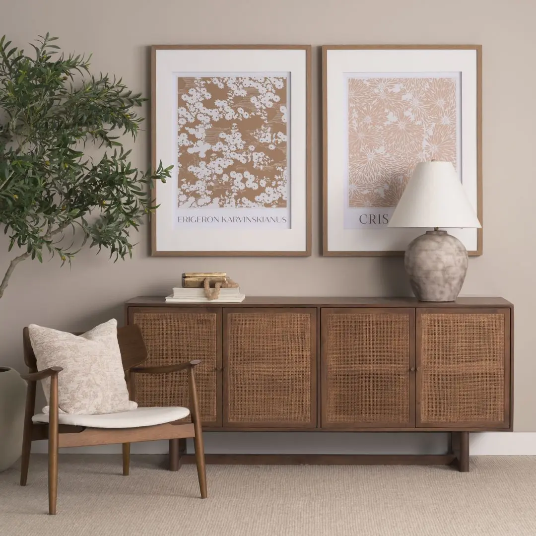 Medium brown wooden sideboard with four panel doors featuring woven cane fronts and a sleek base frame.