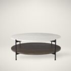 Round two-tier coffee table with white marble top, dark wood lower shelf, and black metal frame.