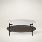 Round two-tier coffee table with white marble top, dark wood lower shelf, and black metal frame.