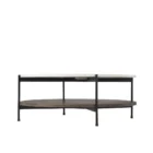 Round two-tier coffee table with white marble top, dark wood lower shelf, and black metal frame.
