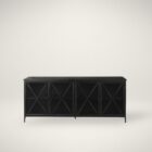 Black metal sideboard with four glass-front doors featuring X-cross detailing and slim tapered legs.